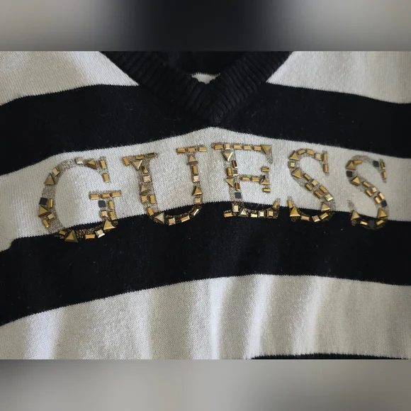 GUESS Sweater Bundle Womens M Logo V Neck + Striped Embellished Sweater - Picture 9 of 11